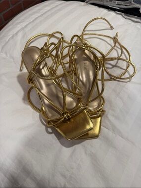 Metallic Gold Lace-Up Heel Sandals - Unbranded